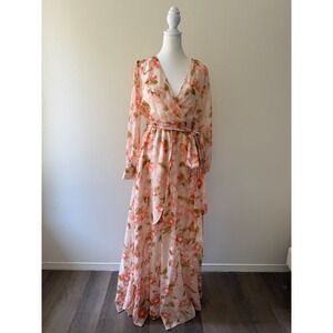 Meghan Los Angeles Floral Faux Wrap Maxi Dress L Tall Sheer Romantic Cottagecore